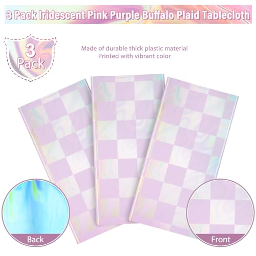 Image of FunnyPars 3Pack Iridescent Checkered and Purple Plastic Tablecloths Shiny Disposable Laser Rectangle Table Covers Foil Tablecloth Iridescent Party Decorations Birthday Bridal Baby Shower, 54x108Inch