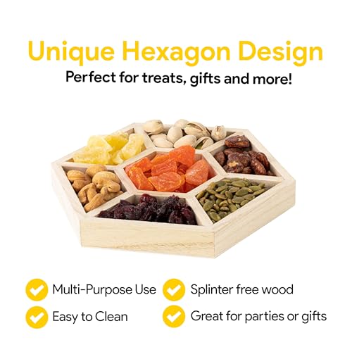 Hammont Hexagon Wooden Tray – 2-Pack – 10.5″ x 1″ – 7 Section Divided Serving & Snack Platter for Appetizers, Veggies, Montessori Activities