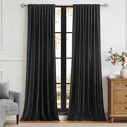 Image of PRIMROSE Black Curtains 63 inch for Living Room Velvet Drapes Blackout Rod Pocket Back Tab Window Treatment Semi Room Darkening Decor Curtains for Bedroom Set of 2 Panels