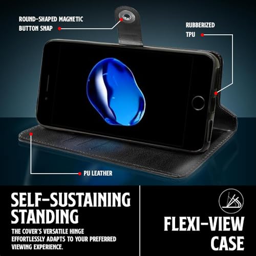 Image of WOW IMAGINE Shock Proof Flip Cover Back Case for Apple iPhone 7 Plus | 8 Plus (Designer Magnetic Button Flip Case | Inbuilt Wallet Pockets & Stand | Leather Finish | Haze Black)