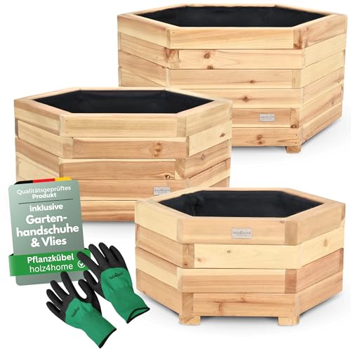 holz4home® 3er Set Outdoor Pflanzkübel I 6-Eckig aus Tannenholz I inkl. Gartenhandschuhe & Vlies I Blumentopf Terrasse aus Holz I Pflanzkasten Pflanztopf Blumenkübel Balkon