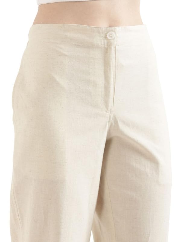 Image of SAADAA Women's Airy Linen Straight Pants | Regular Fit Trousers | Half Elasticated with Drawstrings & Buttons | 4 Pockets | Everyday & Office Wear