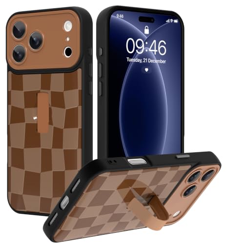 SOKAD for iPhone 18 Pro Max Case with Finger Strap Stand, Brown Checkered