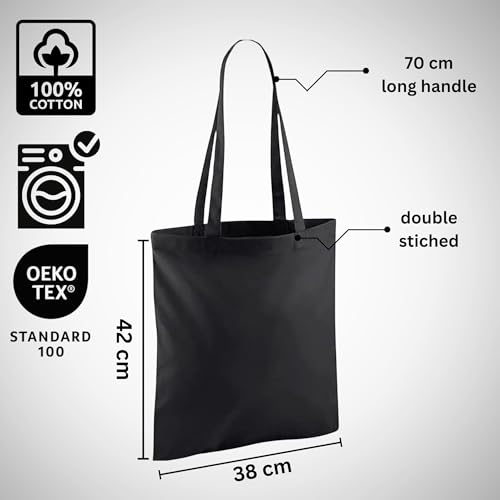 Wonky Line Baumwolltasche Stoffbeutel mit langen Henkeln 38x42cm - 100% Baumwolle Einkaufstasche wiederverwendbar waschbar nachhaltig umweltfreundlich - Schwarz