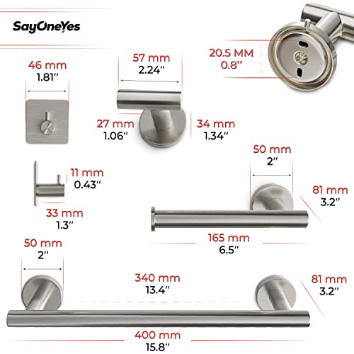 Sayoneyes 5 Pieces Brushed Nickel Bathroom Hardware Set - Includes 16 Inch Towel Bar, Toilet Paper Holder, 3 Towel Hooks – Sus304 Stainless Steel Bathroom Accessory Set Wall Mounted #TOP2