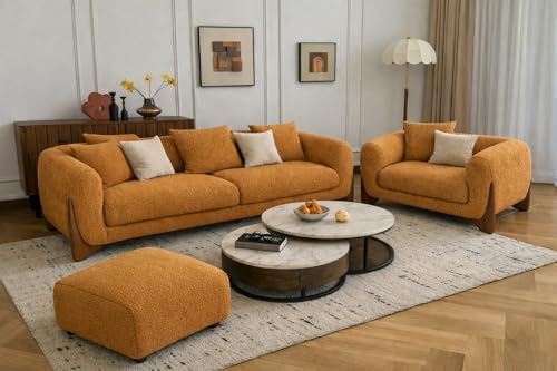 Image of Upholstered 3 Seater Sofa Three Seater Sofa with Wooden Legs for Living Room Hotels & Offices (3+1+Puffy Boucle Camel)