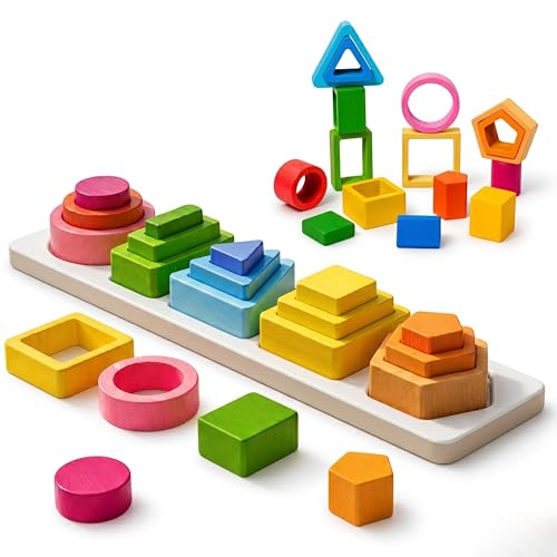 Image of 5 in 1 Wooden Shape Sorter Toys for Kids - Sorting & Stacking Peg Board, Montessori Learning Set Helps Improve Fine Motor Skills & Early Education | Toddlers Age 1-3 Years | Multicolor
