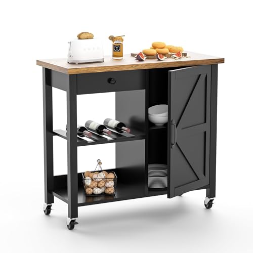 4 EVER WINNER Kitchen Island Cart with Storage, Coffee Cart with Adjustable Shelf & Wine Rack, Rolling Kitchen Island on Lockable Wheels, Black