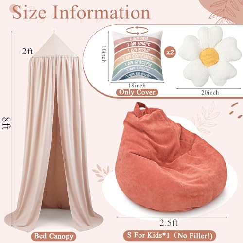 Image of 5 Pcs Kids Reading Corner Set Reading Nook Bean Bag Chair Cover with Canopy Tent, Throw Pillow Cover (No Filler) and Flower Pillow for Bedroom Playroom Nursery Corner Decoration(Beige)