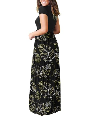 Image of MISFAY Women's Short Sleeve Maxi Dresses Long Casual Dresses with Pockets | Empire Elastic Waist, Crew Neck, Floor Length, Strentchy Flowy A Line Fit, Loose Plain Summer Outfits, Vacation Wear
