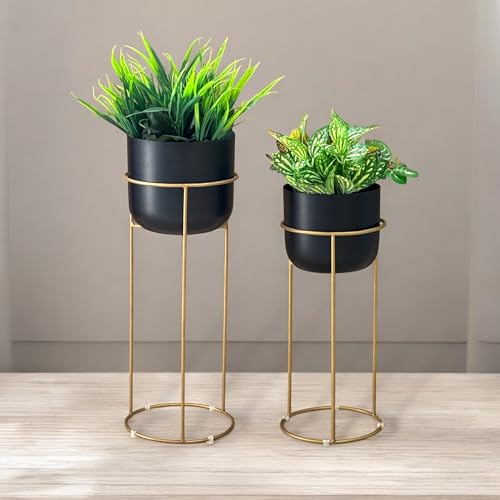 Image of Decorative Black Planters with Gold Stands for Indoor Plants | Metal Planters for Living Room Bedroom Balcony Home and Office | Set of 2