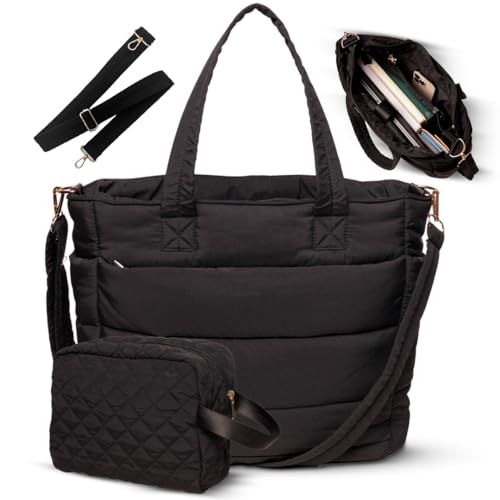 Black Quilted Puffer Tote Bag for Women Work Travel Gym - Puffer Crossbody Bag Waterproof Carry All Soft Puffy Tote with Zipper, Pockets, Laptop Slot, Luggage Sleeve – Puffer Purse USA Brand