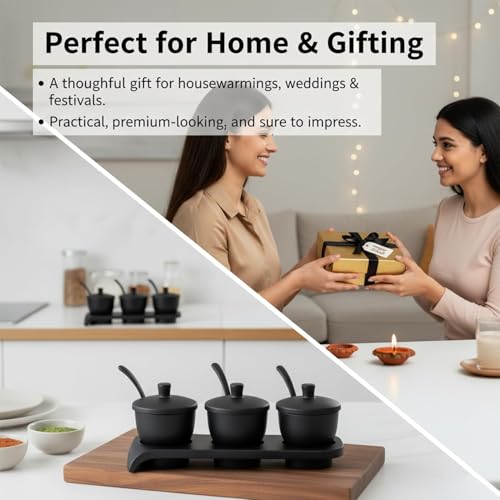Image of Melamine Pickle Pot Set (3 Pots) with Lid, Spoon & Tray | Durable Achaar, Sauce & Chutney Storage Jar | Stylish Barni Pot for Kitchen, Dining & Table Use (Black)