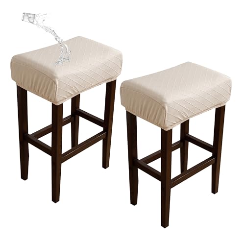 Image of Waterproof Rectangle Bar Stool Covers Set of 2 Stretch Beige Diamond Jacquard Backless Barstool Chair Covers 2 Pack Washable