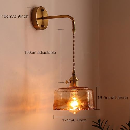 YOOCHUENG Glass Wall Lights Amber,Vintage Wall Lamp with Switch Indoor,E27 (Bulb Not Included) Light Fitting for Bedroom Bedside Living Room (Style B) - Image 2