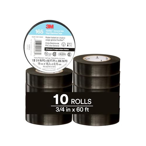 3M Temflex Cinta eléctrica multiusos de vinilo 165, color negro, 19 mm x 18 m, paquete de 10 rollos