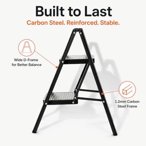 Image of Equal 2 Step Advance Foldable Step Ladder for Home | Carbon Steel | Wide Anti-Slip Steps | 150 Kg Capacity | 3 Year Warranty | Grey
