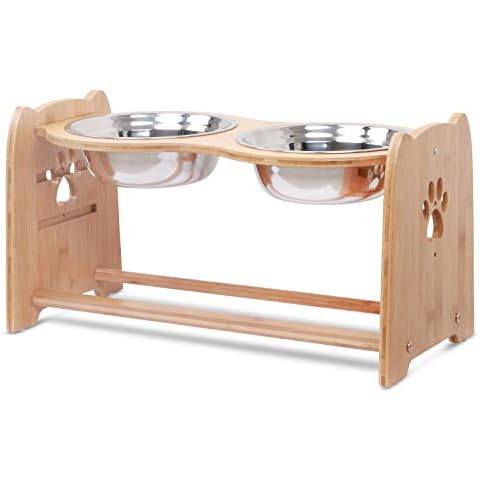 X-ZONE PET Raised Pet Bowls for Cats and Dogs, Adjustable Bamboo Elevated Dog Cat Food and Water Bowls Stand Feeder with 2 Stainless Steel Bowls and Anti Slip Feet Cover