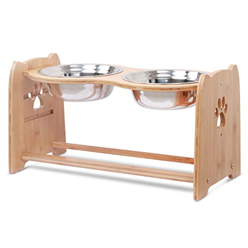 X-ZONE PET Raised Pet Bowls for Cats and Dogs, Adjustable Bamboo Elevated Dog Cat Food and Water Bowls Stand Feeder with 2 Stainless Steel Bowls and Anti Slip Feet (Height 5.1  to 7.5  to 10 )