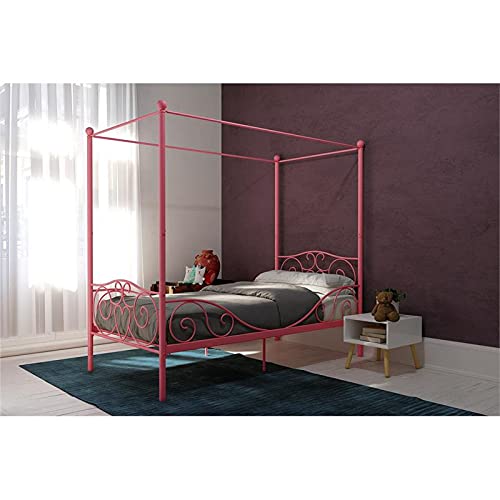 image for DHP Metal Canopy Kids Platform Bed with Four Poster Design, Scrollwork