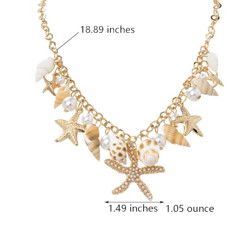 Boho Starfish Necklace for Women Adjustable Natural Conch Pearl Seashell Choker Chunky Layered Shell Necklace Ocean-Themed Beach Summer Charm Jewelry4