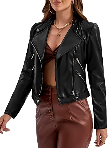 ジャケット・アウター meltthelady cropped leather like jacket MakeMeChic Women's Casual Faux Leather Cropped Jacket Zip Up Long