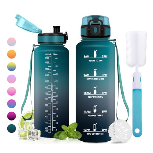 JAPORIA Trinkflasche Sport 1.5L Wasserflasche mit Filter Auslaufsicher Trinkflasche mit Zeitmarkierung BPA-frei Sportflasche für Fitness Gym Schule Getränkeflasche