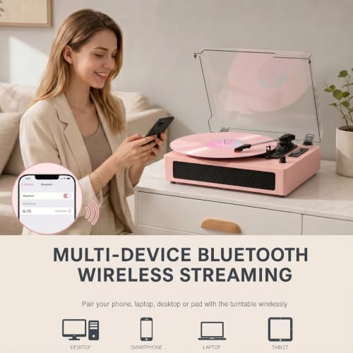 Image of Vinyl Record Player 3 Speeds with Speakers, Bluetooth, USB Recording,Pink | Built-in stereo speakers, Digital display,USB /TF recording and playback, Shortcuts, auto stop, RCA output, AUX input, EQ