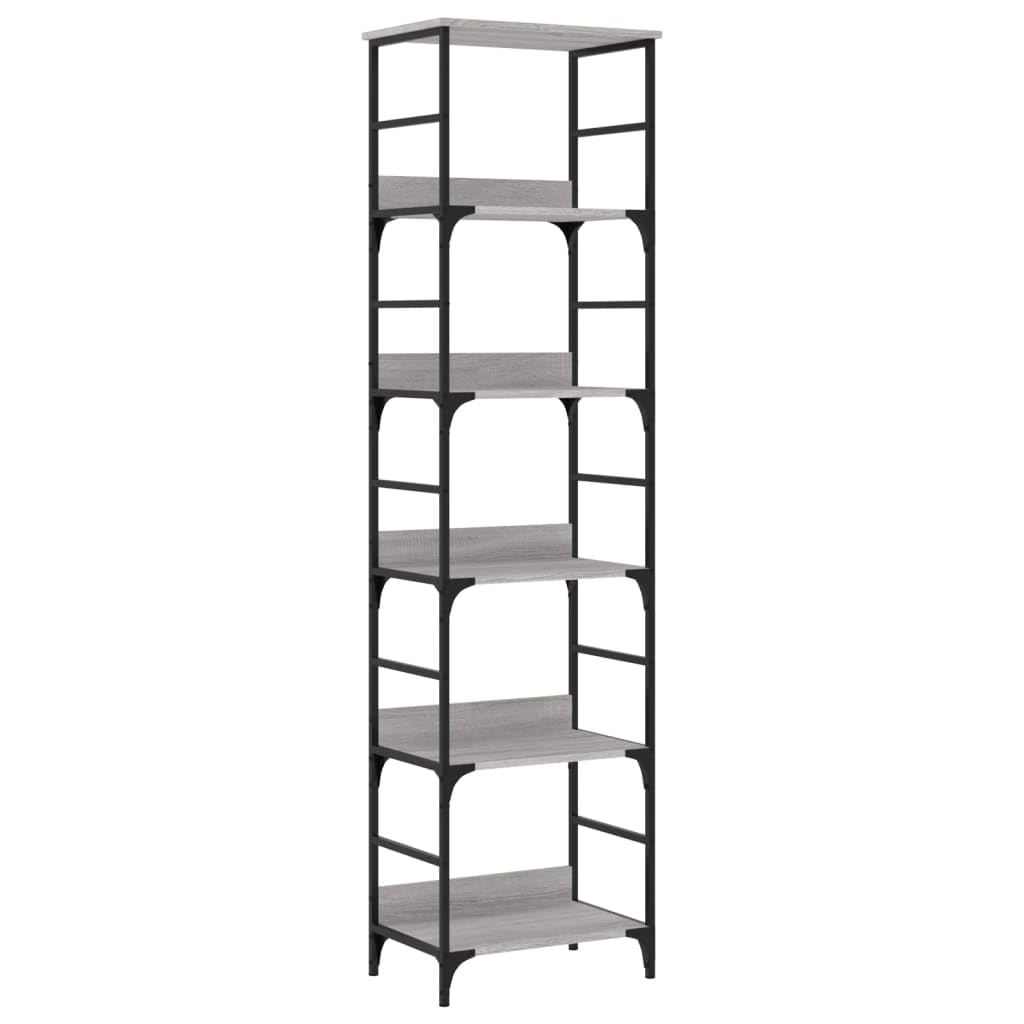 5-Tier Bookshelf Gray Sonoma 50x33x189 cm Engineered Wood & Steel Frame Modern Industrial Style Office Storage Shelf for Living Room Bedroom Corridor