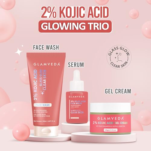 Image of Glamveda 2% Kojic Acid Facewash, Serum & Cream Trio - Brightening, Hydrating & Acne Scar Treatment | Fades Dark Spot |, Evens Tone & Promotes Clear and Glowing Skin