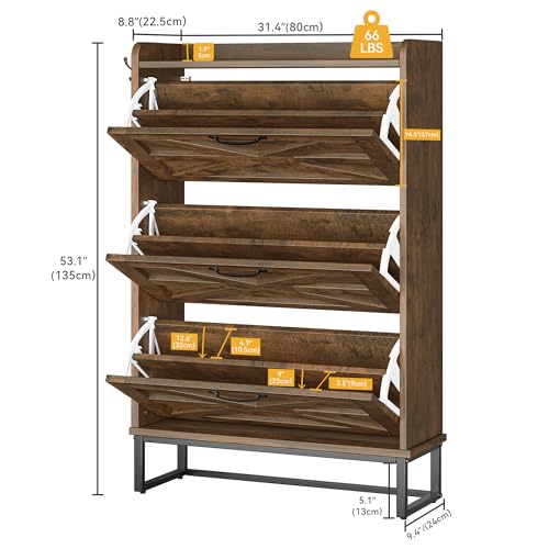 DWVO Farmhouse Shoe Storage Cabinet with 3 Flip Drawers, Slim Shoe Cabinet for Up to 24 Pairs, Narrow Shoe Rack for Entryway, Living Room, Hallway (Rustic Brown)
