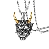 Japanese ghost warrior Prajna Rakshasa Horn Skull Pendant Necklace for Men Boys,Stainless Steel Cool Retro Vintage Punk Biker Cocktail Party Pendant Necklacce Jewelry Gift (golden horn)