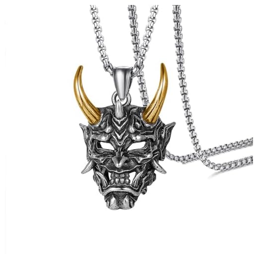 Japanese ghost warrior Prajna Rakshasa Horn Skull Pendant Necklace for Men Boys,Stainless Steel Cool Retro Vintage Punk Biker Cocktail Party Pendant Necklacce Jewelry Gift (golden horn)