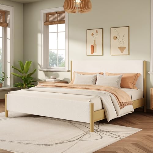 Merax Modern Boucle Upholstered Plattform Bed with Headboard and Footboard, Queen Size Wood Bed...