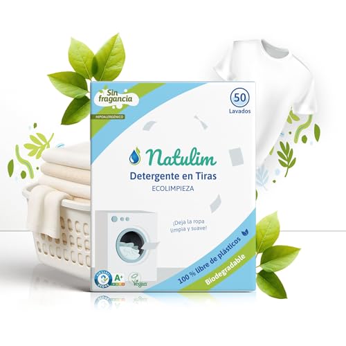 Natulim - Detergente en Tiras para Lavadora (50 Lavados) - Incluye efecto Suavizante, Ecológico, Hipoalergénico, Made in Spain - Ropa limpia y suave sin ensuciar el Planeta (Sin Fragancia)