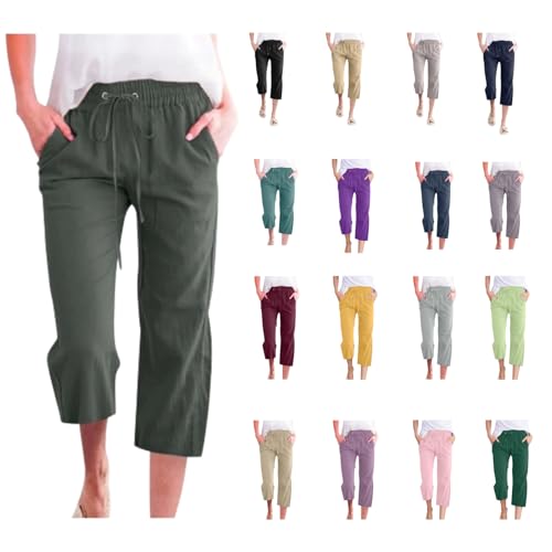 ZRBYWB Linen Capris for Women Casual Summer Straight Wide Leg Loose Drawstring Elastic Waist Petite...
