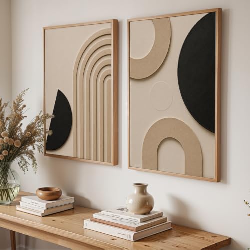 Image of NoWorries Abstract Geometric Wall Painting Set of 2 with Frame | Black Beige Arch & Circle Texture Artwork, Modern Minimal Wall Decor for Living Room, Bedroom, Office and Home Decoration (Art-10, 17x25inch)