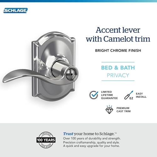Image of Schlage Accent Lever with Camelot Trim Bed and Bath Lock in Bright Chrome