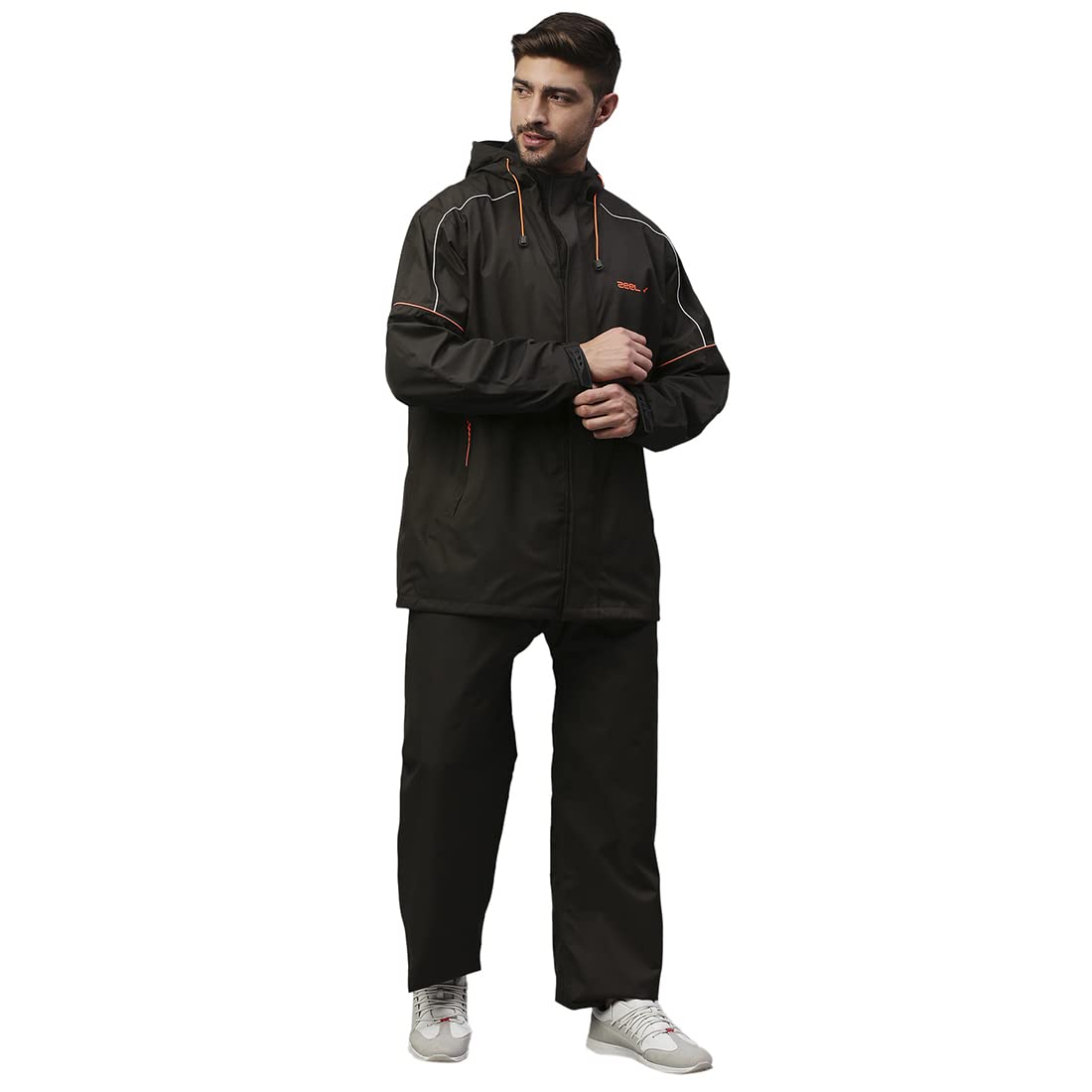 Mens Raincoat with Adjustable Hood |Raincoat for Men | Waterproof Polyester Jacket Pant and Carrying Pouch | DarkOlive-Orange| AZ24