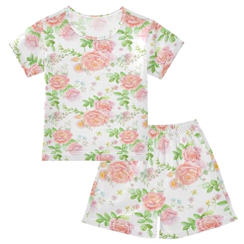 Watercolor Rose Flowers Pajama Set Short Sleeve PJS 2 Piece Summer Pajamas Shorts Sets Cotton 5Y