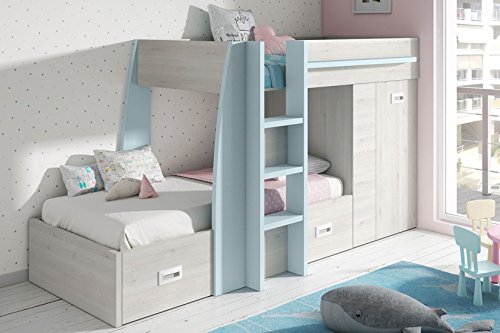 Mobelcenter - Cama Tren Infantil - combinación Blanco Nórdico y Azul - Medidas: 273 cm de Largo - (0843)
