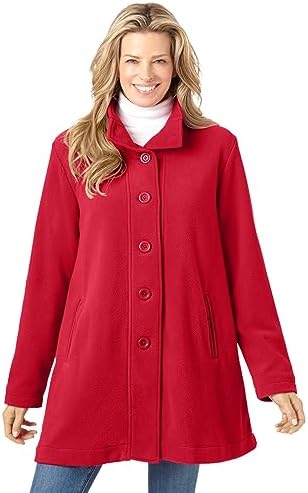 Woman Within Women's Plus Size Fleece Swing Funnel-Neck Coat - 3X, Classic Red
