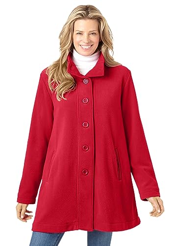 Woman Within Women's Plus Size Fleece Swing Funnel-Neck Coat - 3X, Classic Red #TOP15