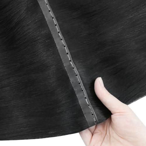 Image of Full Shine Butterfly Weft Hair Extensions Human Hair Color Jet Black Inviisble Double Pu Hole Extensions 22 Inch Long Straight Hair Genius Weft Remy Hair Add Length 100G