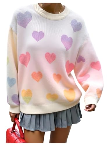 SweatyRocks Girl's Rainbow Heart Graphic Sweaters Crew Neck Long Sleeve Loose Pullover Tops