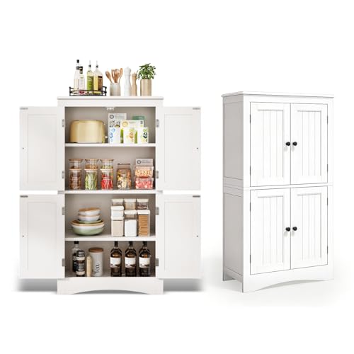 Image of Gizoon 43" Kitchen Pantry Cabinet, Bathroom Storage Unit with Adjustable Shelves and 4 Magnetic Doors, Floor Cabinet for Kitchen, Living Room, White