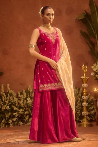 Image of FIORRA Women Rani Pink Ice Velvet Embroidered Kurta Set with Dupatta