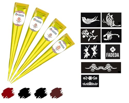 FADEDA Lot de 4 cônes en pâte de henné 100 % naturel, marron naturel, marron, noir, 100 g + 8 autocollants