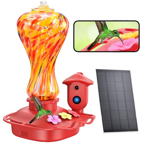 Smart Glass Hummingbird Feeder with Camera, Solar Powered 2K HD Hummingbird Feeders for Outdoors Hanging, AI Identifies & Auto Recording, Leak-Proof Ant & Bee Proof, Ideal Gift for Bird Lovers