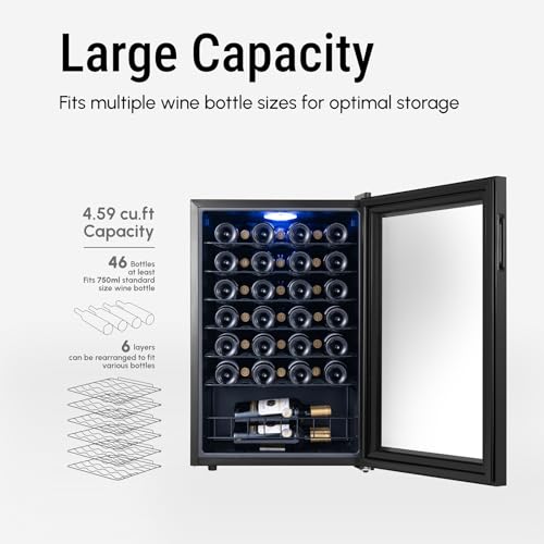 Image of Yeego Wine Fridge - 46 Bottles Wine Cooler, 38-65℉ Digital Control with Double Glass Door & LED Light, Freestanding Wine Fridge Under Counter for Home Bar and Kitchen